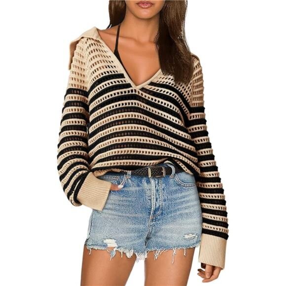 Womens Crochet Striped Sweater Top Long Sleeve - Picture 1 of 6